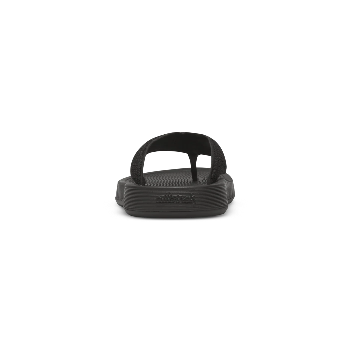 Single black flip-flop with a wide, textured strap, ribbed sole, and 'allblack' logo embossed on the footbed.