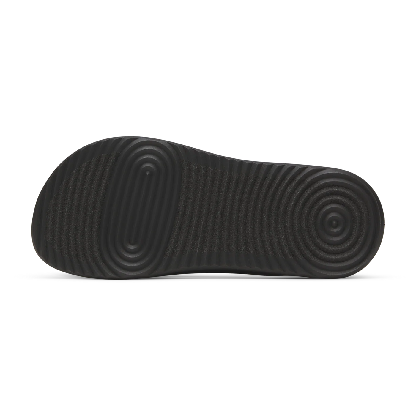 Black flip-flop sole with concentric circles at the heel, wavy ridges in the midfoot, and concentric ovals at the toe.