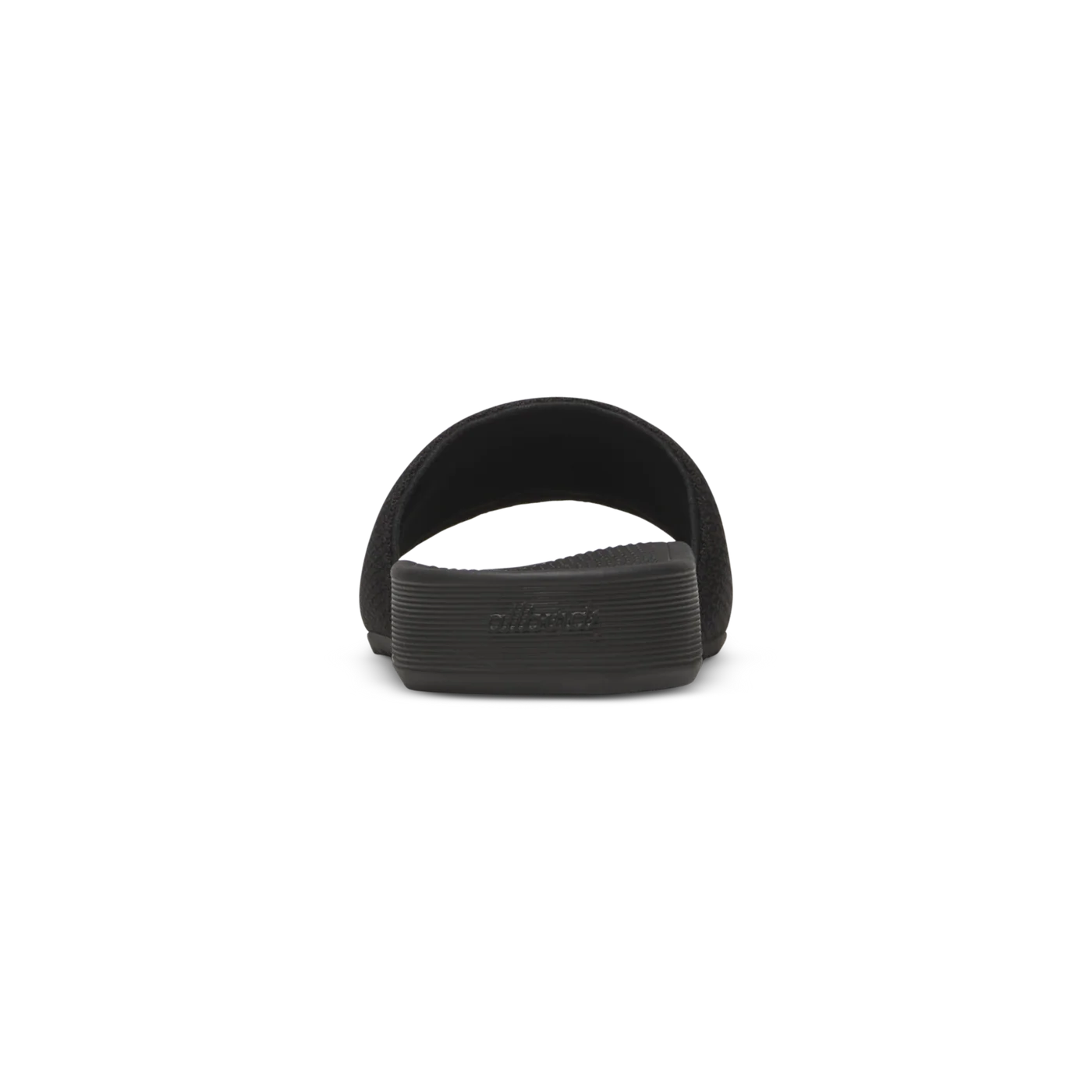 Black slide sandal with a wide textured strap and a thick ridged sole with "allbirds" embossed on the side.