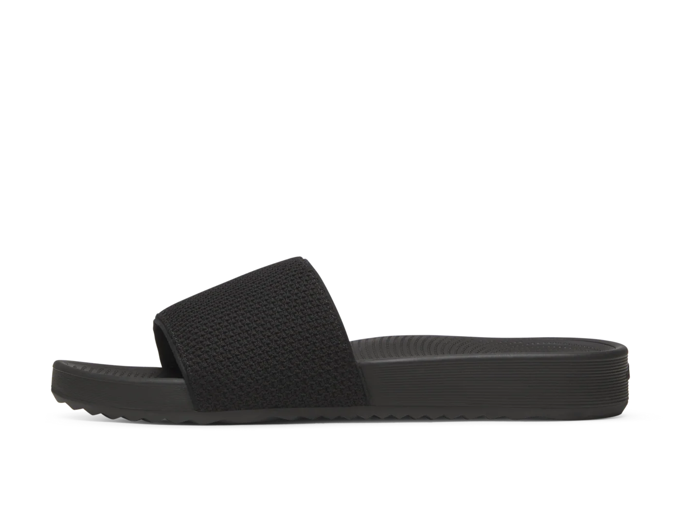 Black men's slide sandal with a textured knit strap and a ridged, contoured sole.