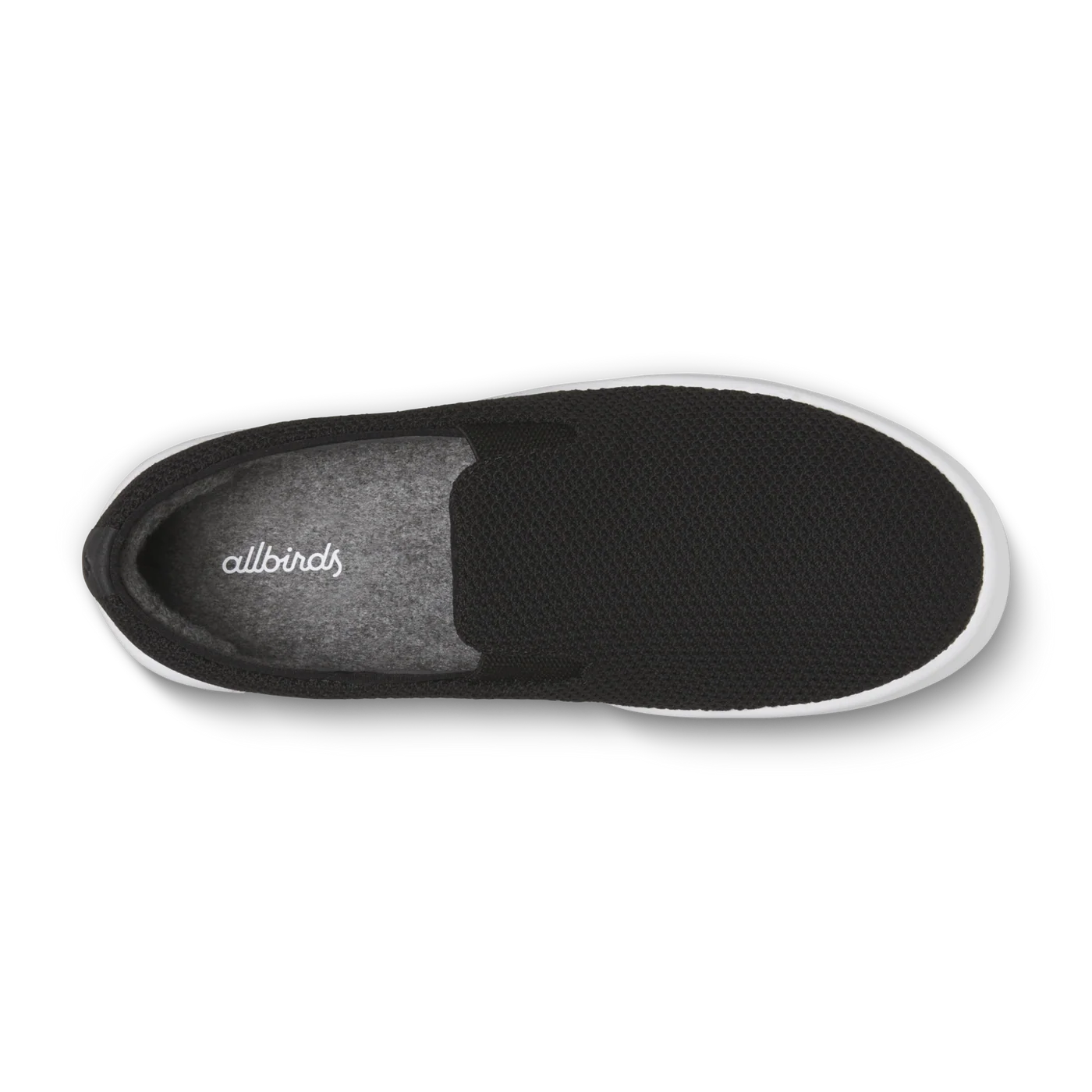 Black knit slip-on shoe with a white sole and grey interior, featuring a white 'allbirds' logo on the insole.