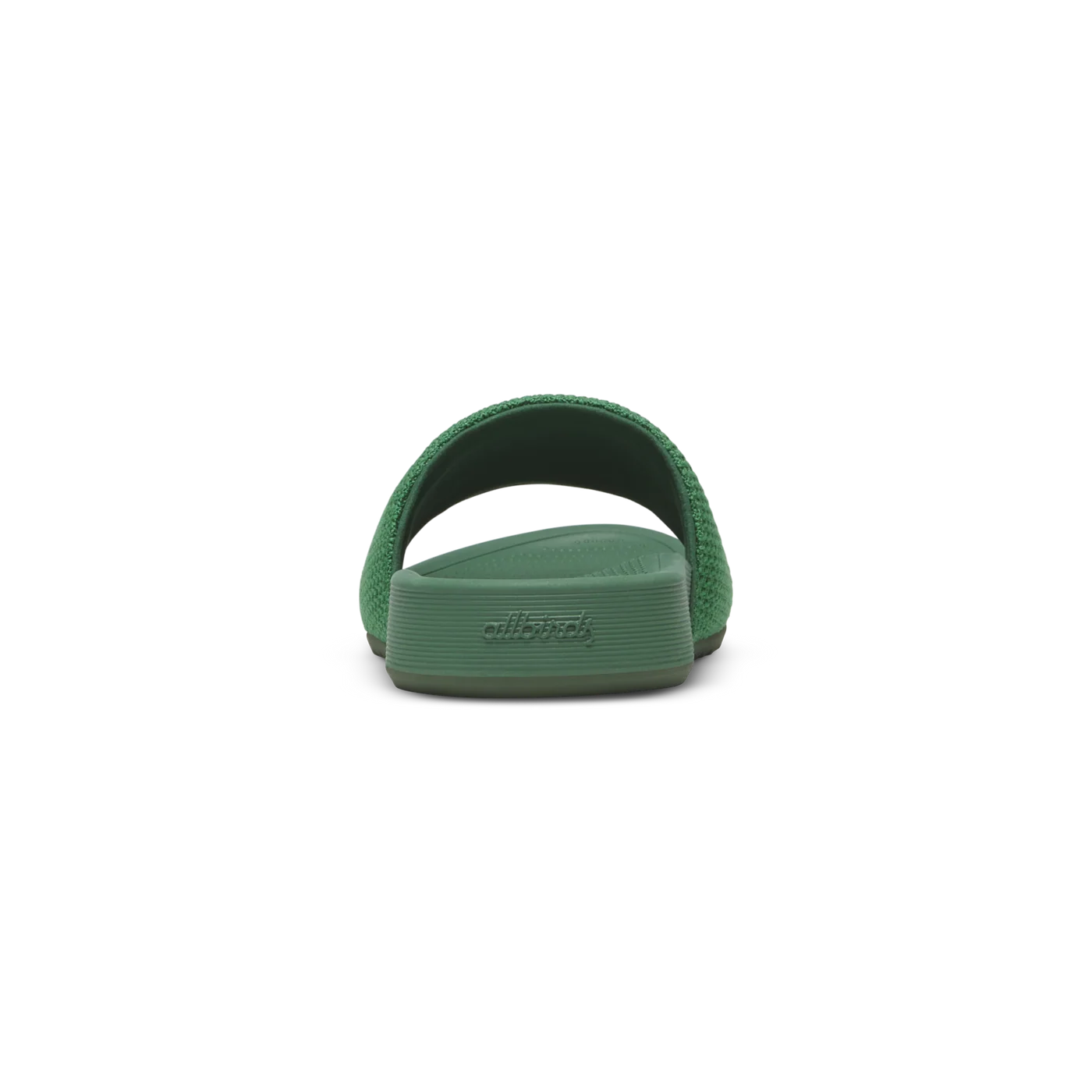 Dark green slide sandal with a textured wide strap and a ridged sole. "allbirds" is embossed on the footbed.