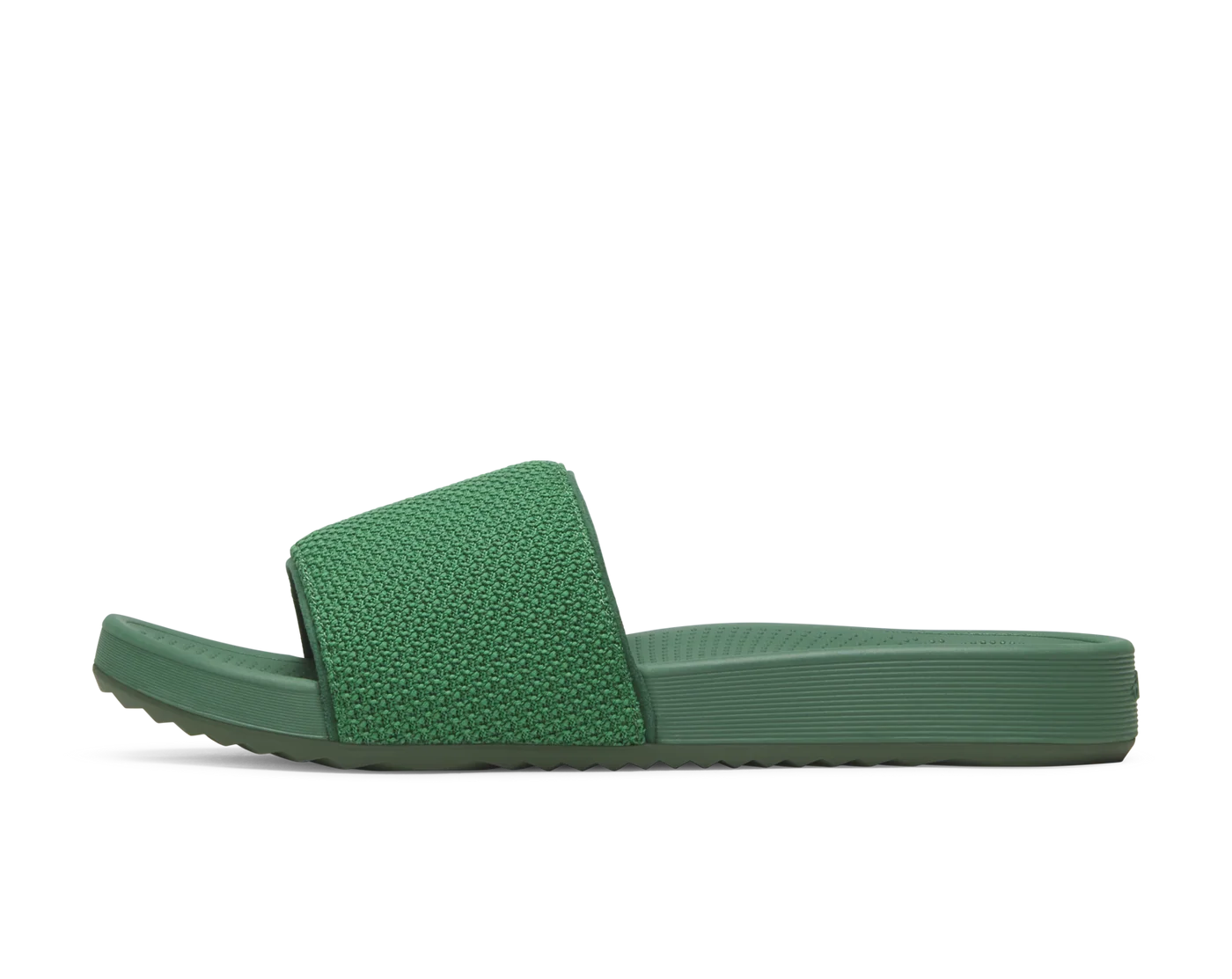 Single green Allbirds slide sandal with a textured upper strap and a smooth sole, viewed from the side.