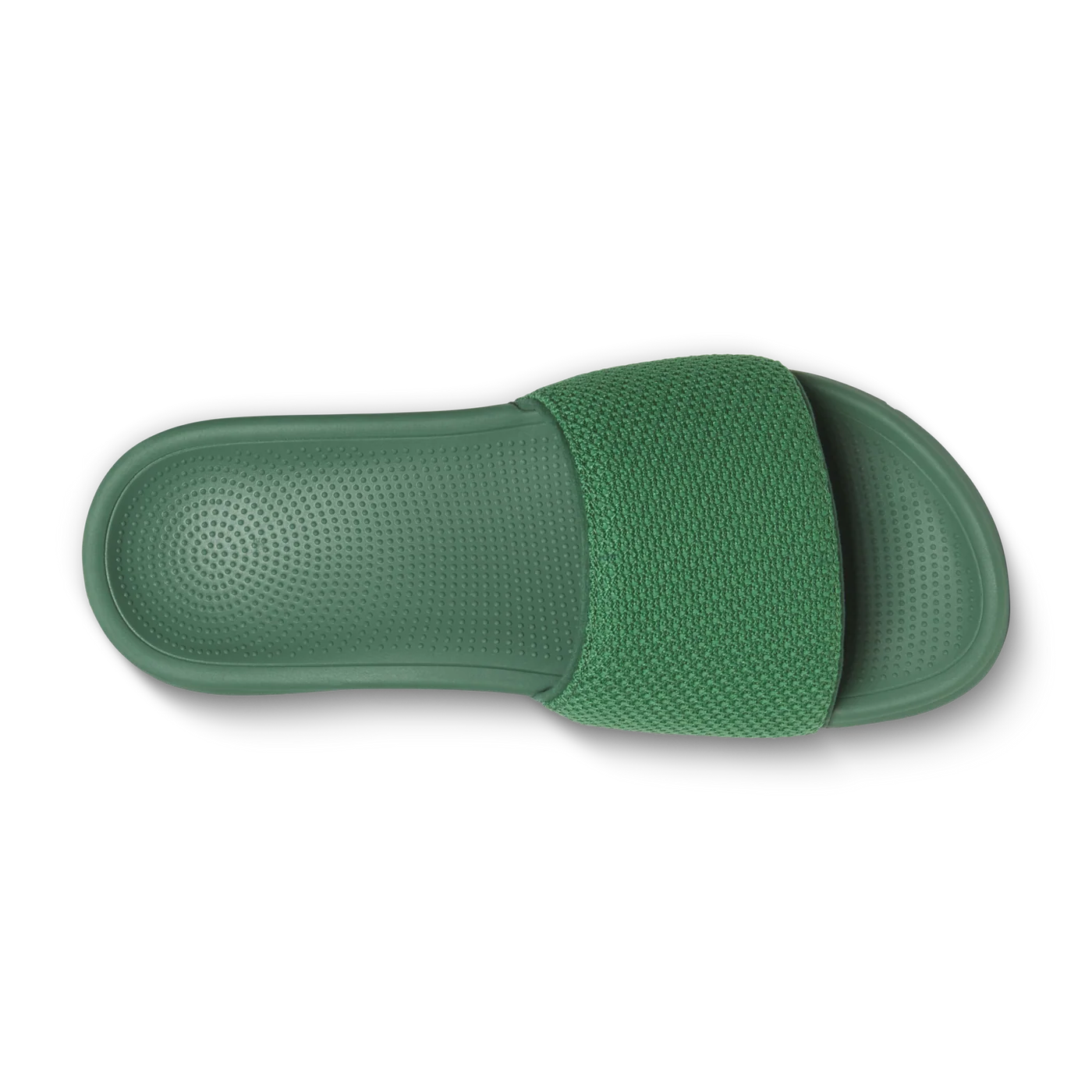 A single green slide sandal with a textured footbed and a wide, woven textile strap.