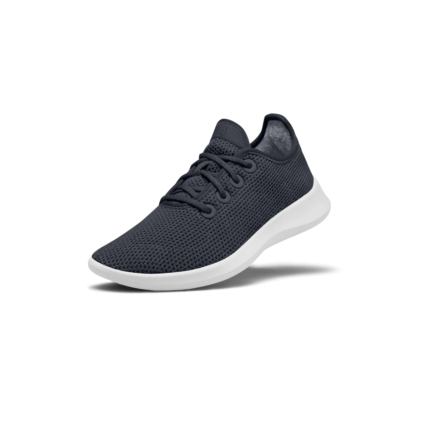 Dark blue knit lace-up sneaker with a white sole, shown from a three-quarter angle.