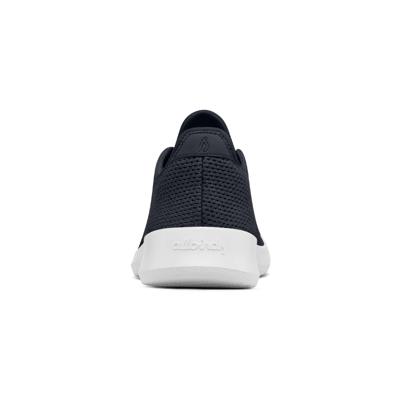 Dark blue mesh sneaker, back view, with a white sole. 'allbirds' is embossed on the heel, and a small bird logo is on the col