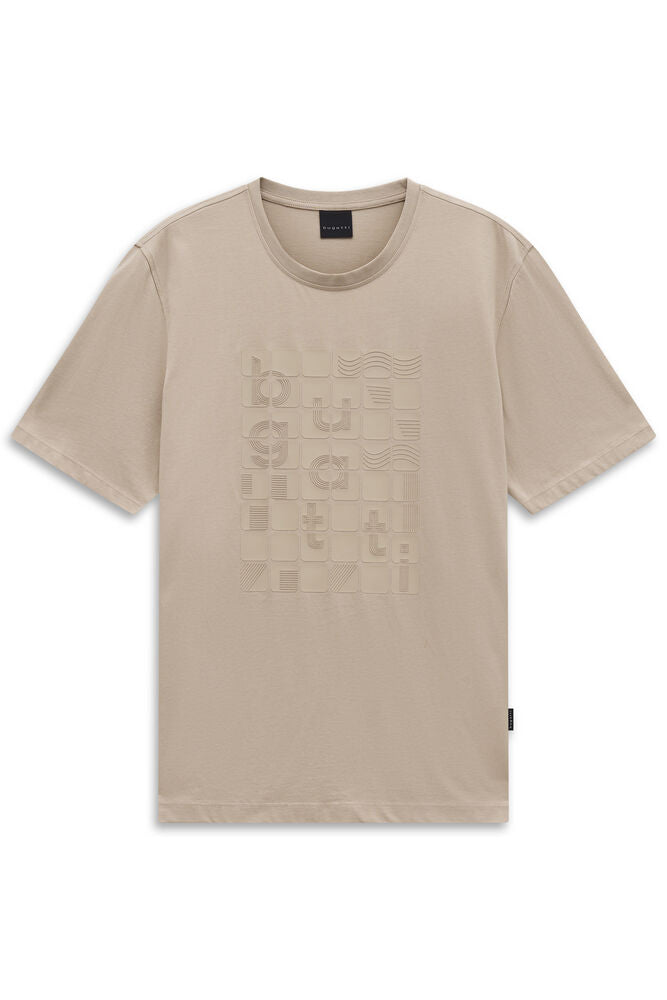 Beige men's crew neck T-shirt with short sleeves and a large debossed 'Bugatti' geometric pattern on the chest.