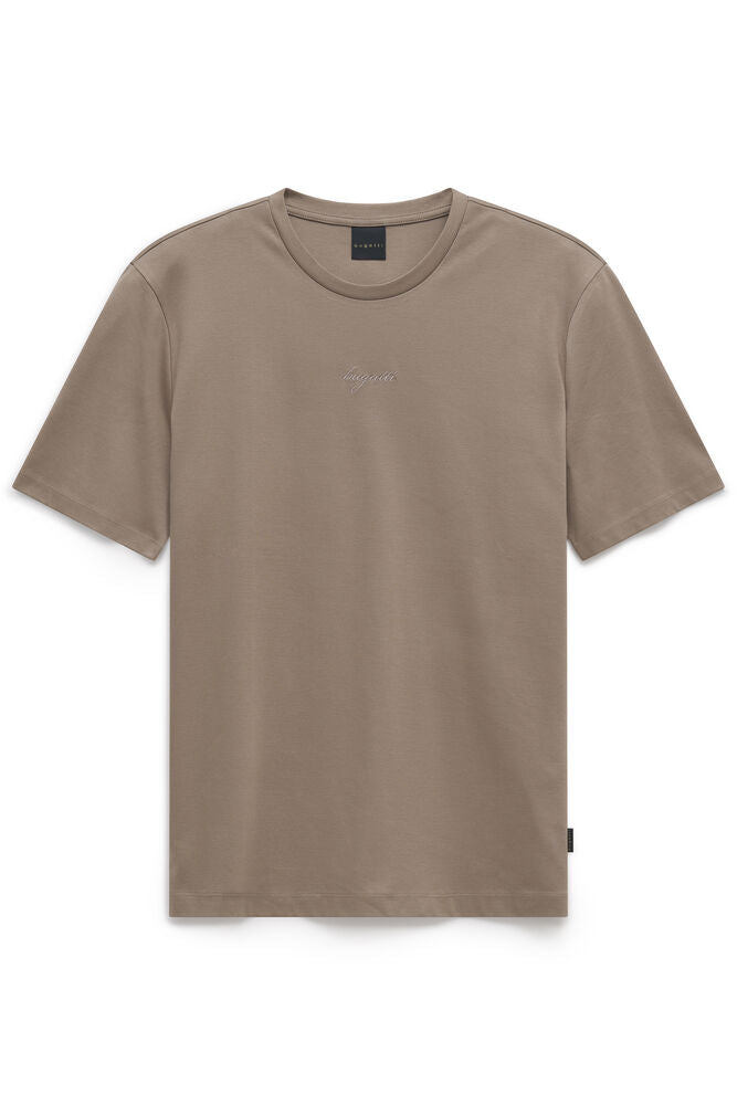 Beige crew neck T-shirt with short sleeves and an embroidered Bugatti logo on the chest.