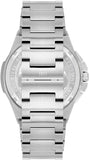 Silver-toned watch with a brushed metal link band. '1911' is engraved on a band link. Case back: 'STAINLESS STEEL', 'WATER RE
