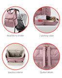 Mauve mist quilted backpack with a top flap, front zip pocket, side pockets, gold-toned zippers, and a spacious interior with