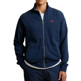 Navy blue men's full-zip sweatshirt with a stand collar, ribbed cuffs and hem, and a red embroidered logo on the chest.