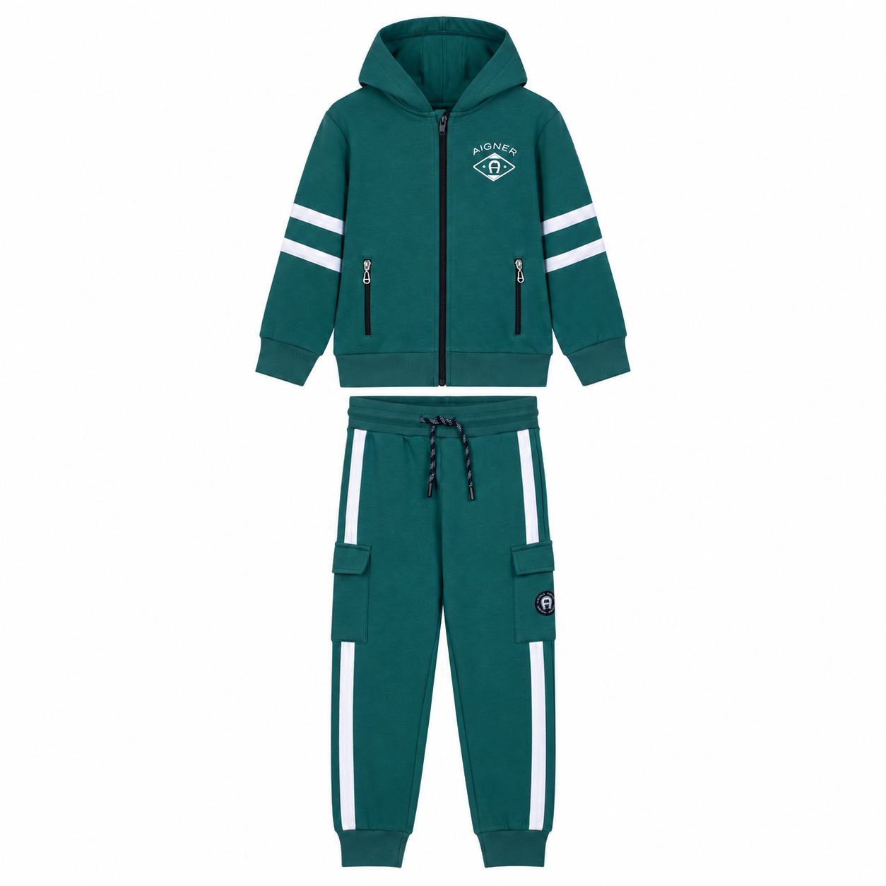 Green hooded jogging suit with white stripes. The jacket has a full zip and two pockets. The trousers have an elasticated wai