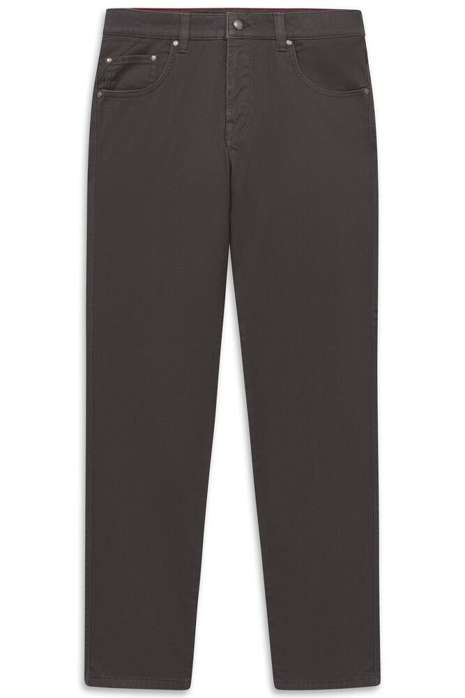Dark grey men's straight leg trousers with five pockets, button and zip fly, and metal rivets.