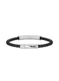 Black woven leather bracelet with a silver-toned textured cylindrical bead and a sleek silver-toned clasp.