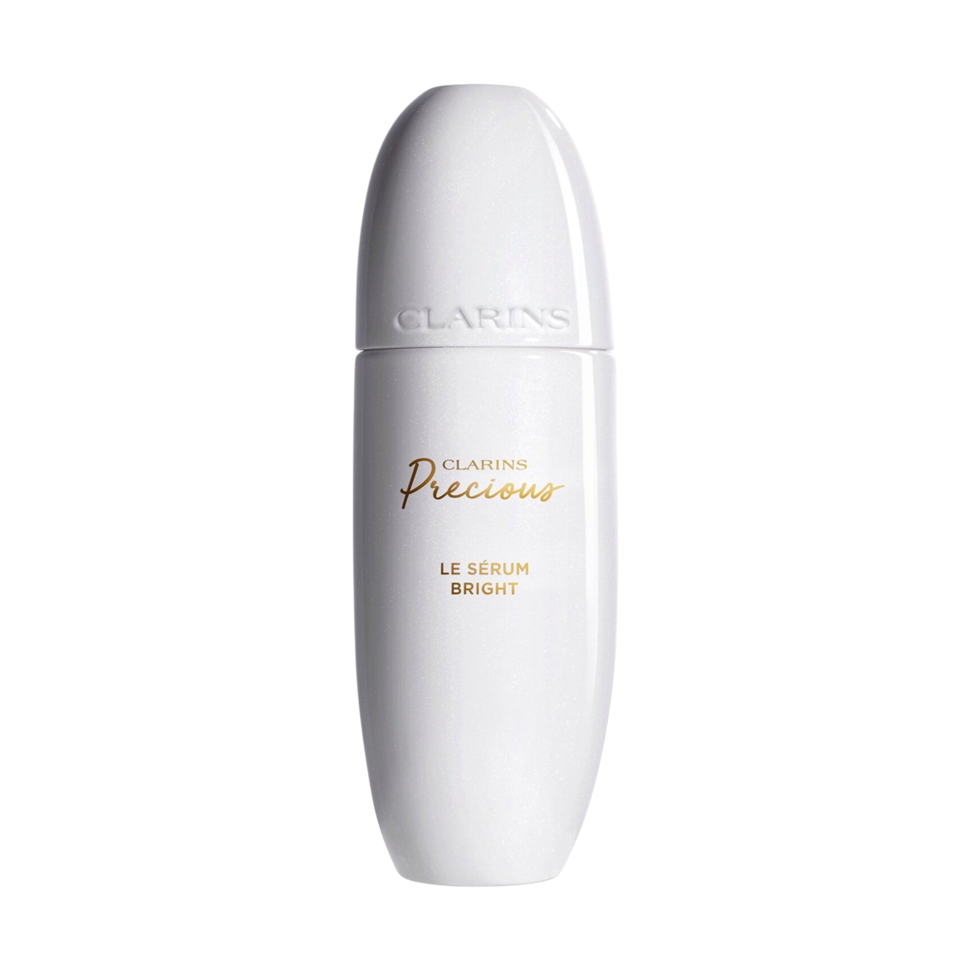 White pearlescent CLARINS Le Sérum Bright bottle with a smooth, rounded cap and gold-toned text.