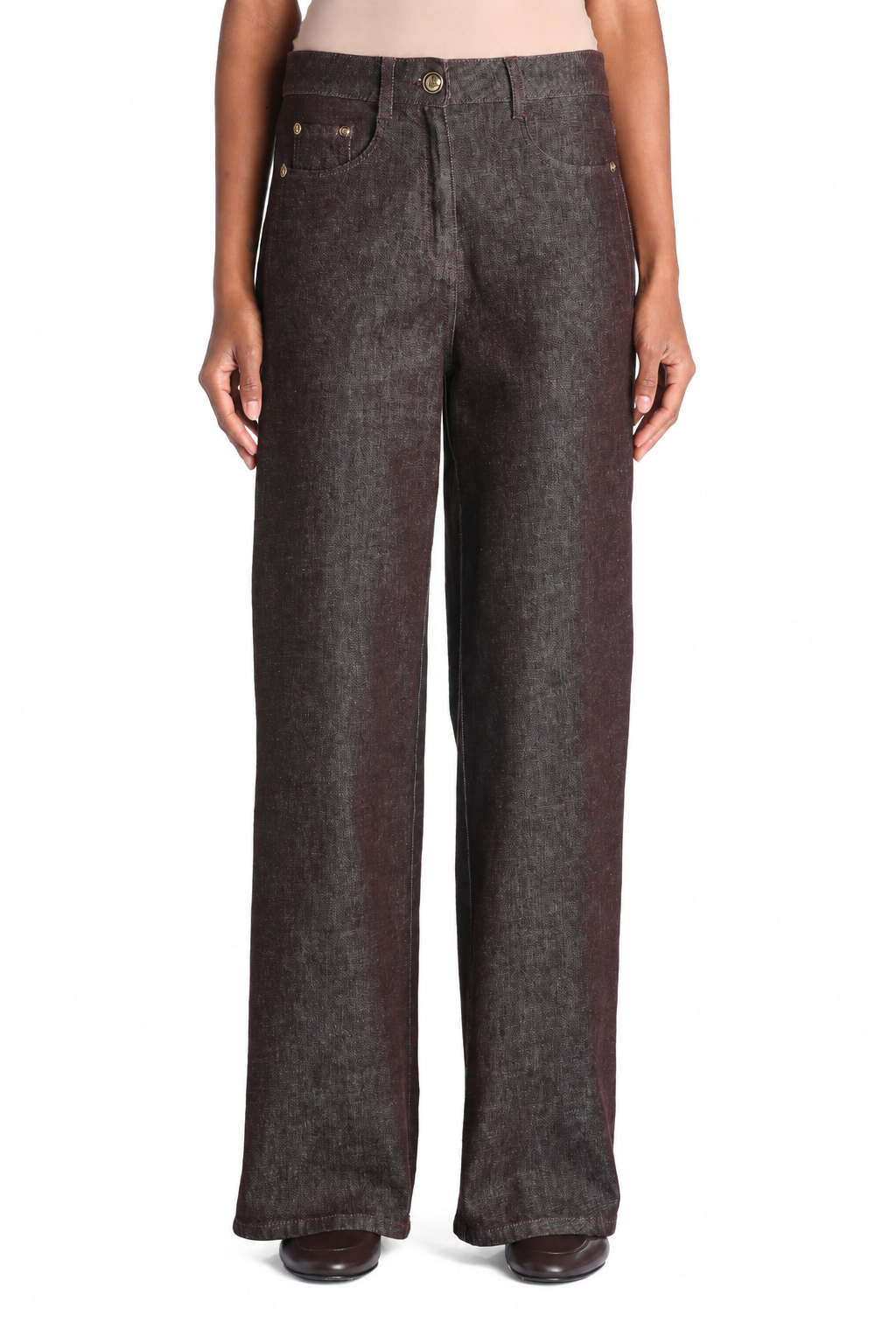 Brown wide-leg trousers with a high waist, front zip fly, gold-toned button, and curved front pockets with rivets.