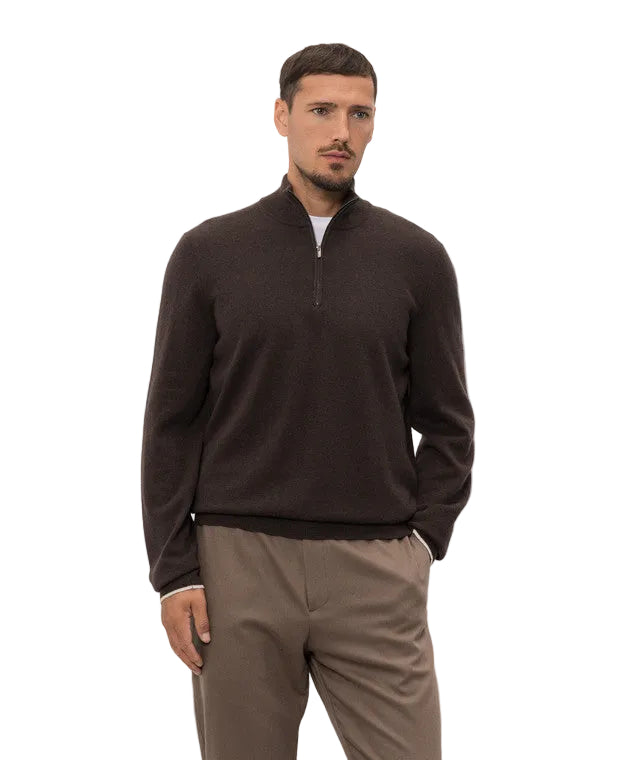 Deep brown men's quarter-zip knit sweater with a stand collar, long sleeves, and ribbed cuffs and hem.