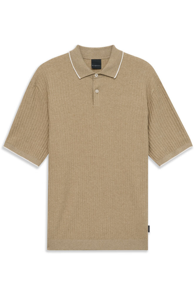 Beige Bugatti men's half-sleeve knit polo shirt with a two-button placket and white contrasting collar trim.