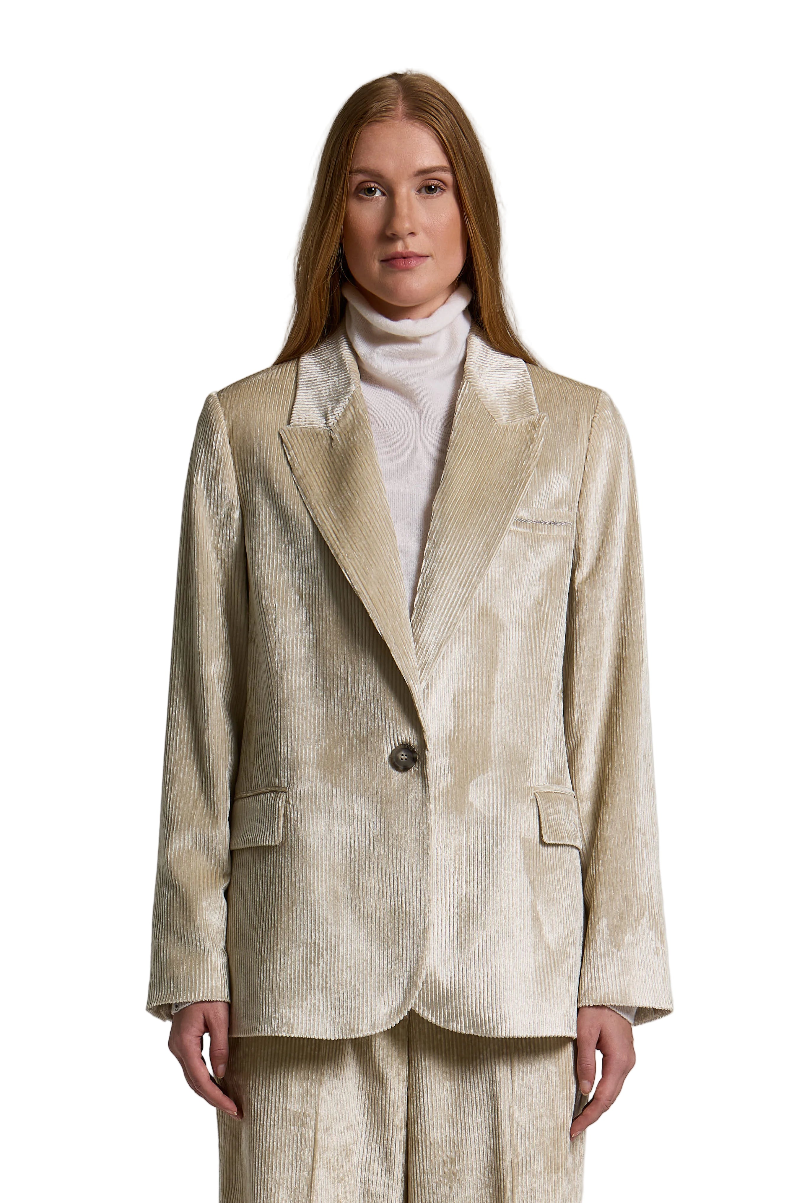 Star Dust Beige velvet single-breasted blazer with notched lapels, a single button closure, and front flap pockets.