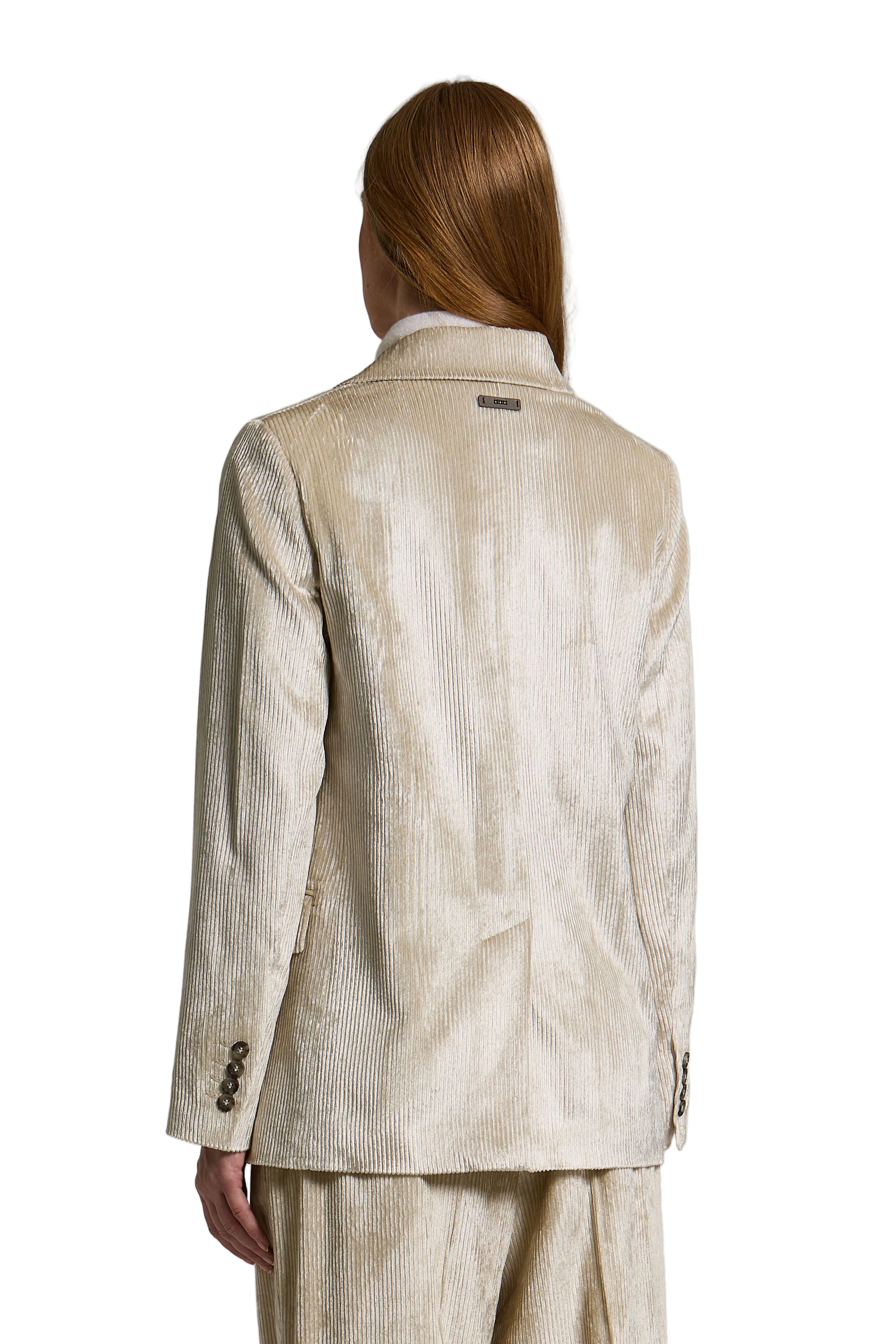 Star Dust Beige velvet blazer with a ribbed texture, featuring a dark rectangular label on the back collar and four dark butt
