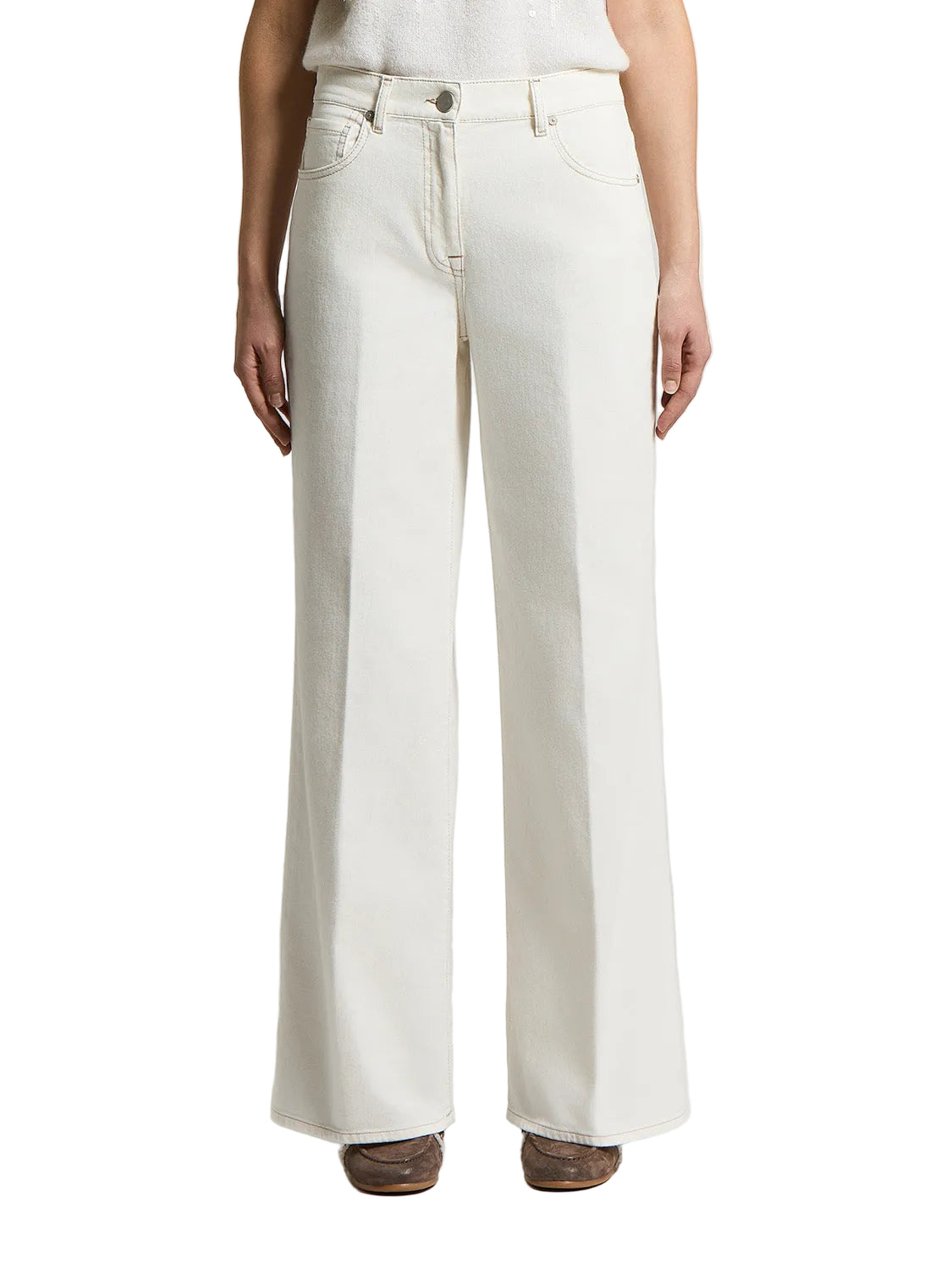 Comet white wide-leg high-waisted trousers with button and zip fly, belt loops, and five pockets.