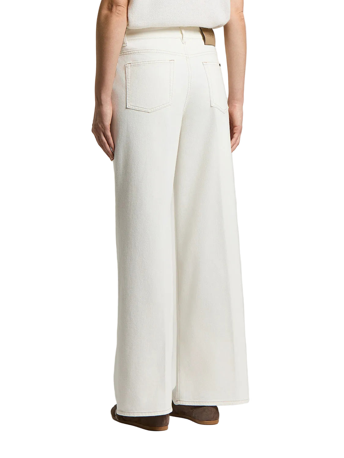 Comet white wide-leg trousers with two back patch pockets, light stitching, and a brown leather-like patch on the back waistb