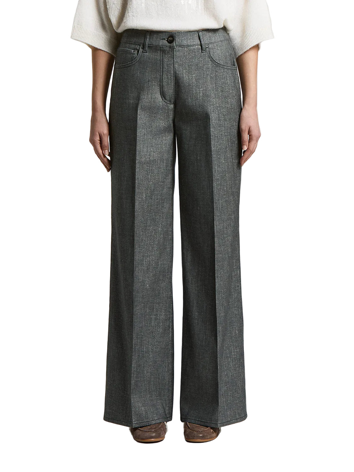 Mercury grey wide-leg trousers with a high waist, front zip, button closure, belt loops, and curved front pockets.