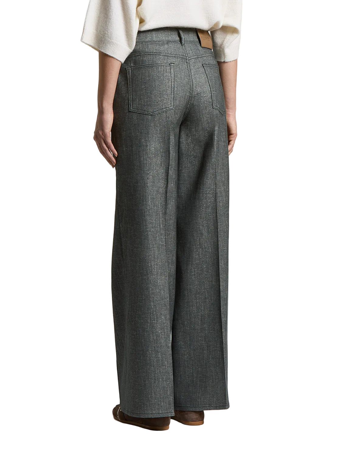 High-waisted mercury grey wide-leg trousers with two back patch pockets and a light brown brand label.