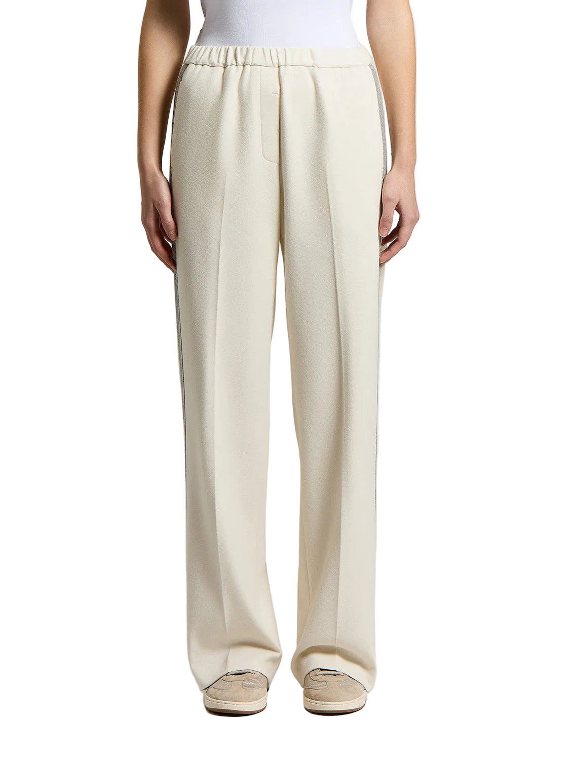 Star Dust Beige relaxed-fit wide-leg trousers with an elasticated waistband, side stripe, and front creases.