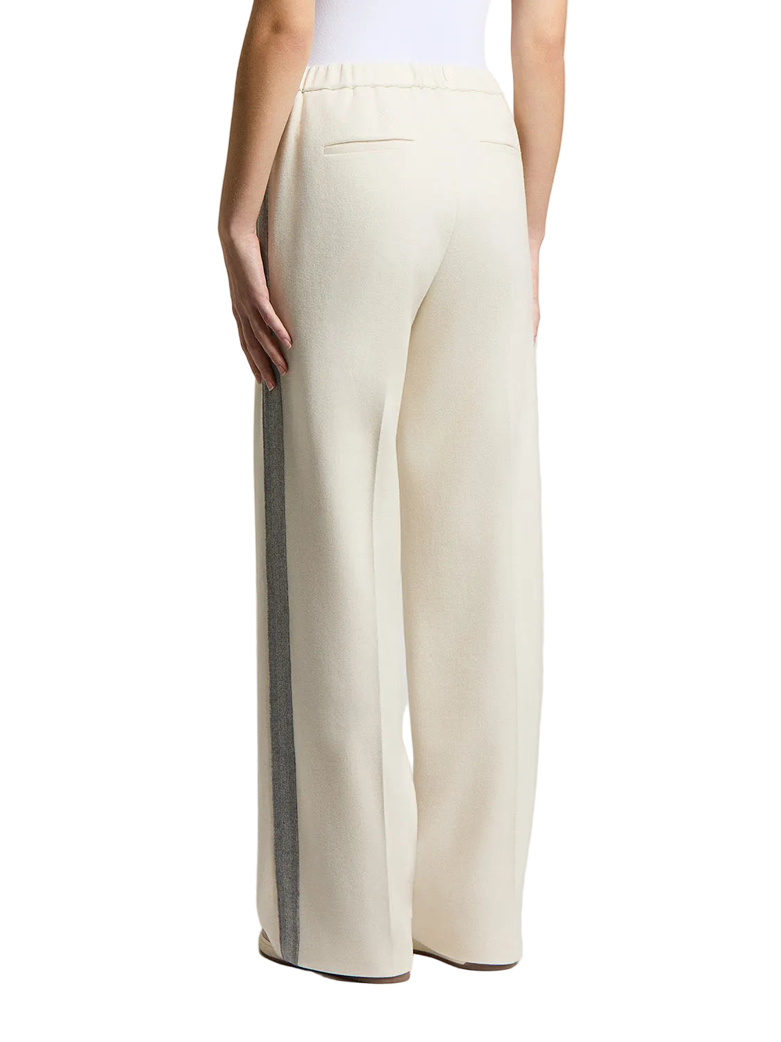 Star Dust Beige wide-leg trousers with an elasticated waist, two back welt pockets, and a dark gray stripe on the left outer