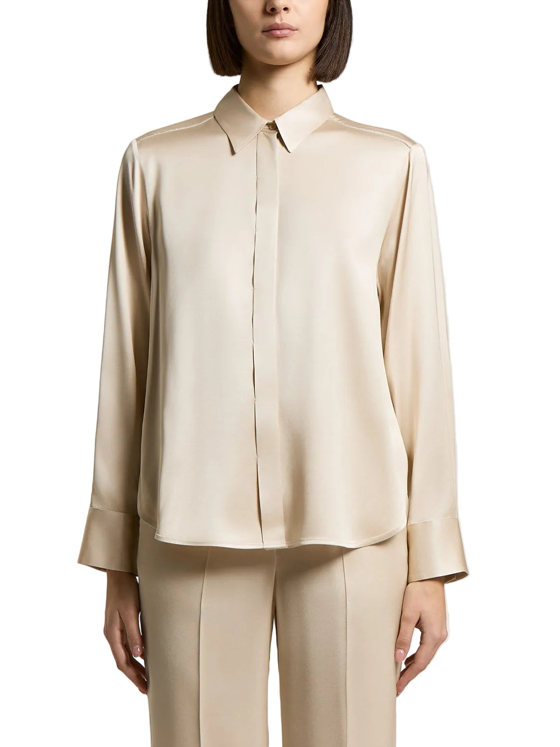 Star dust beige viscose satin shirt with a classic collar, long sleeves, and wide buttoned cuffs.