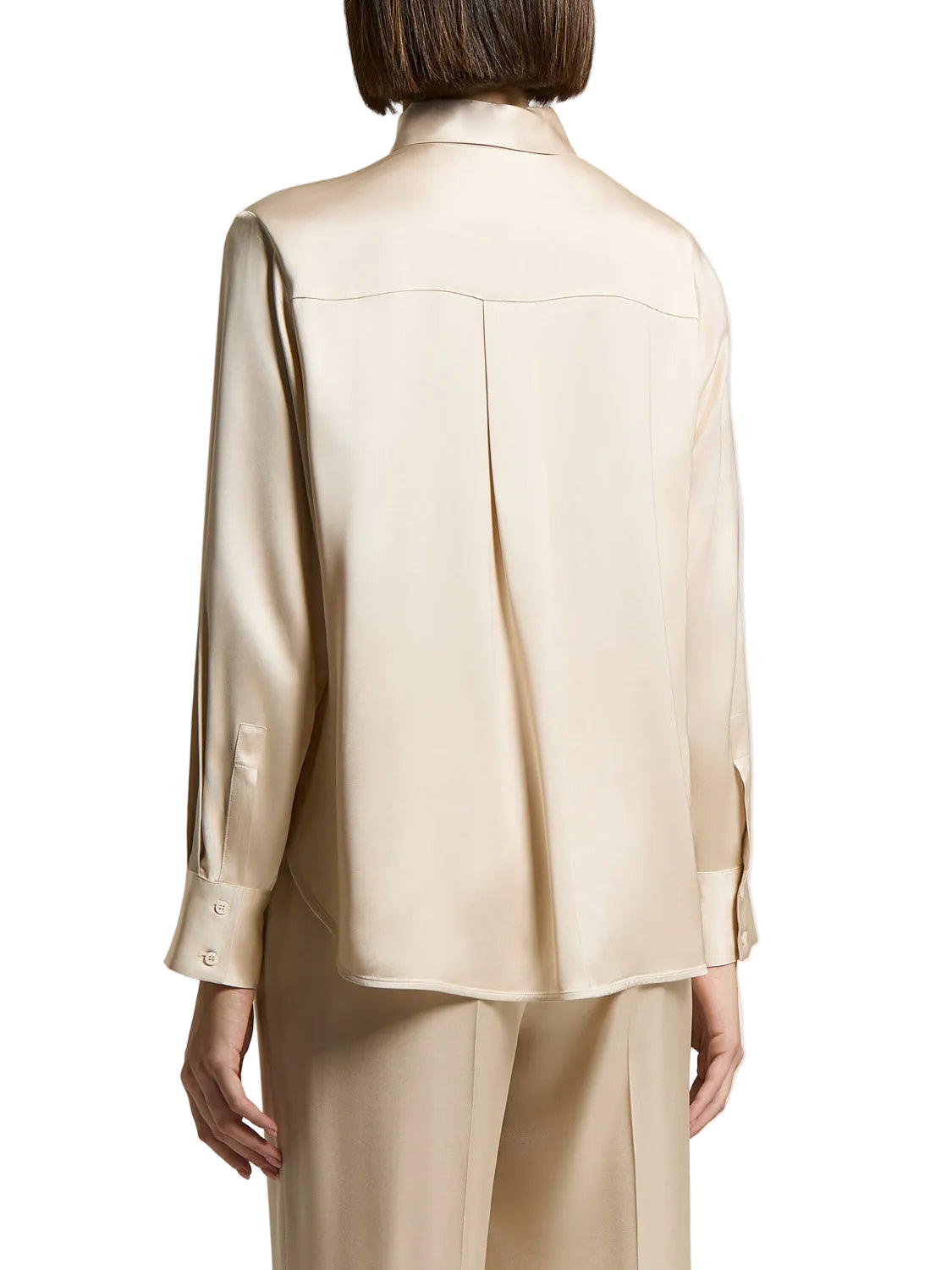 Star Dust Beige viscose satin shirt, seen from the back. It has a collar, back yoke, center pleat, and long sleeves with butt