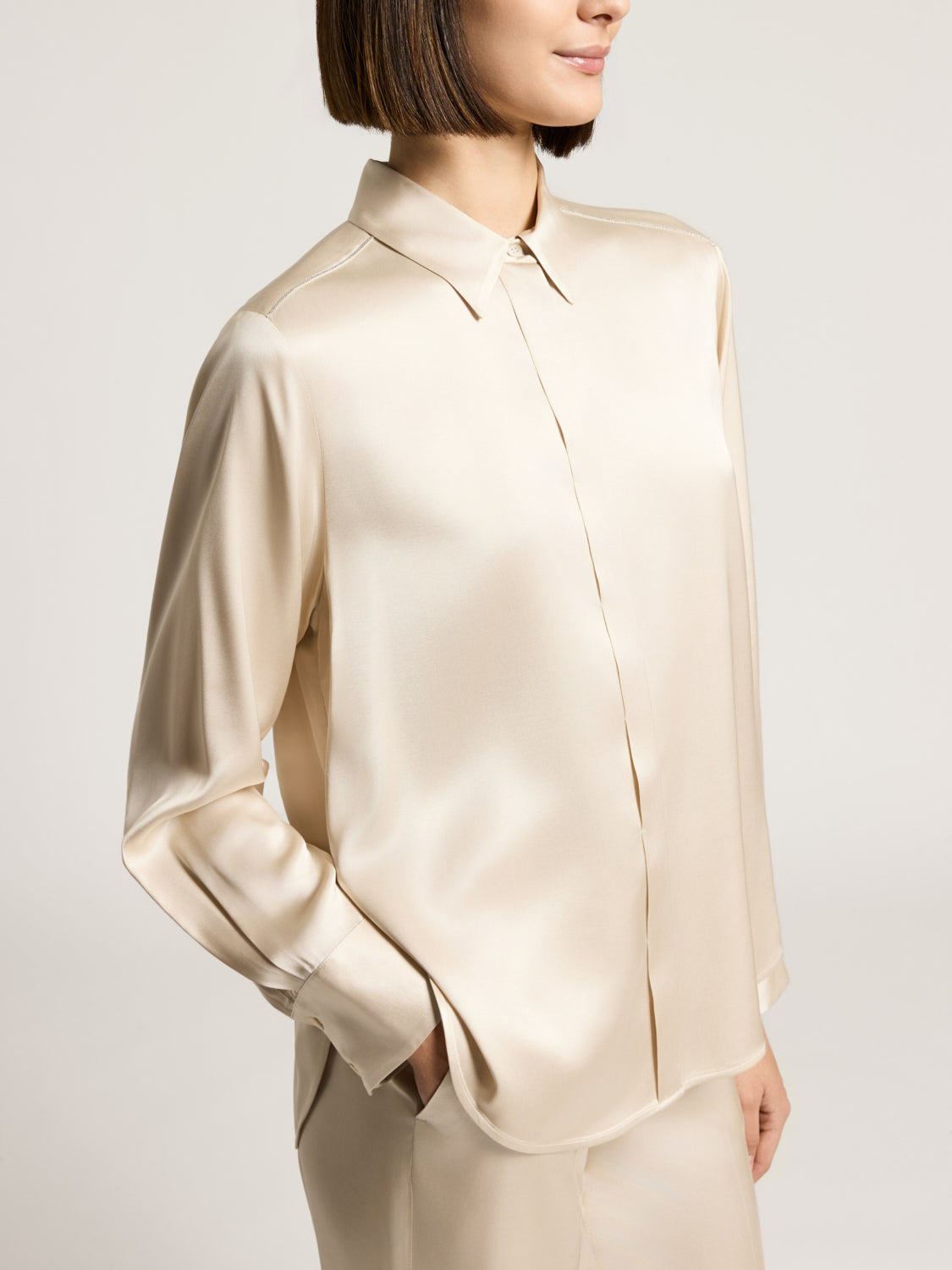Star Dust Beige viscose satin shirt with a classic collar, long sleeves, buttoned cuffs, and a hidden front placket.