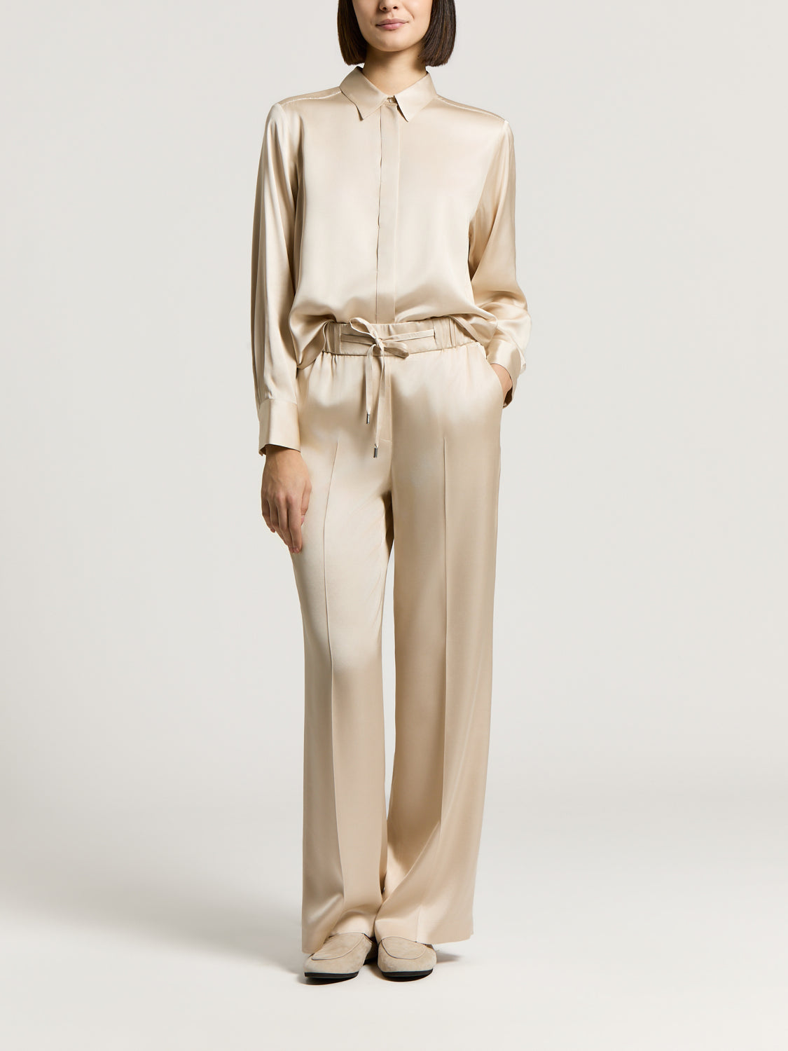 Star Dust Beige viscose satin shirt with a classic collar, long sleeves, and button-front placket.