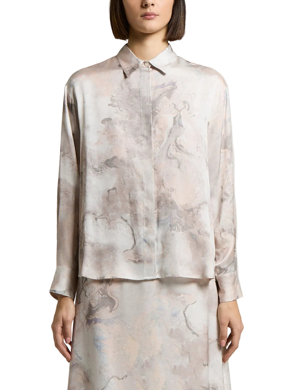 Light pink and grey fluid viscose shirt with an abstract marble-like pattern, classic collar, and buttoned cuffs.