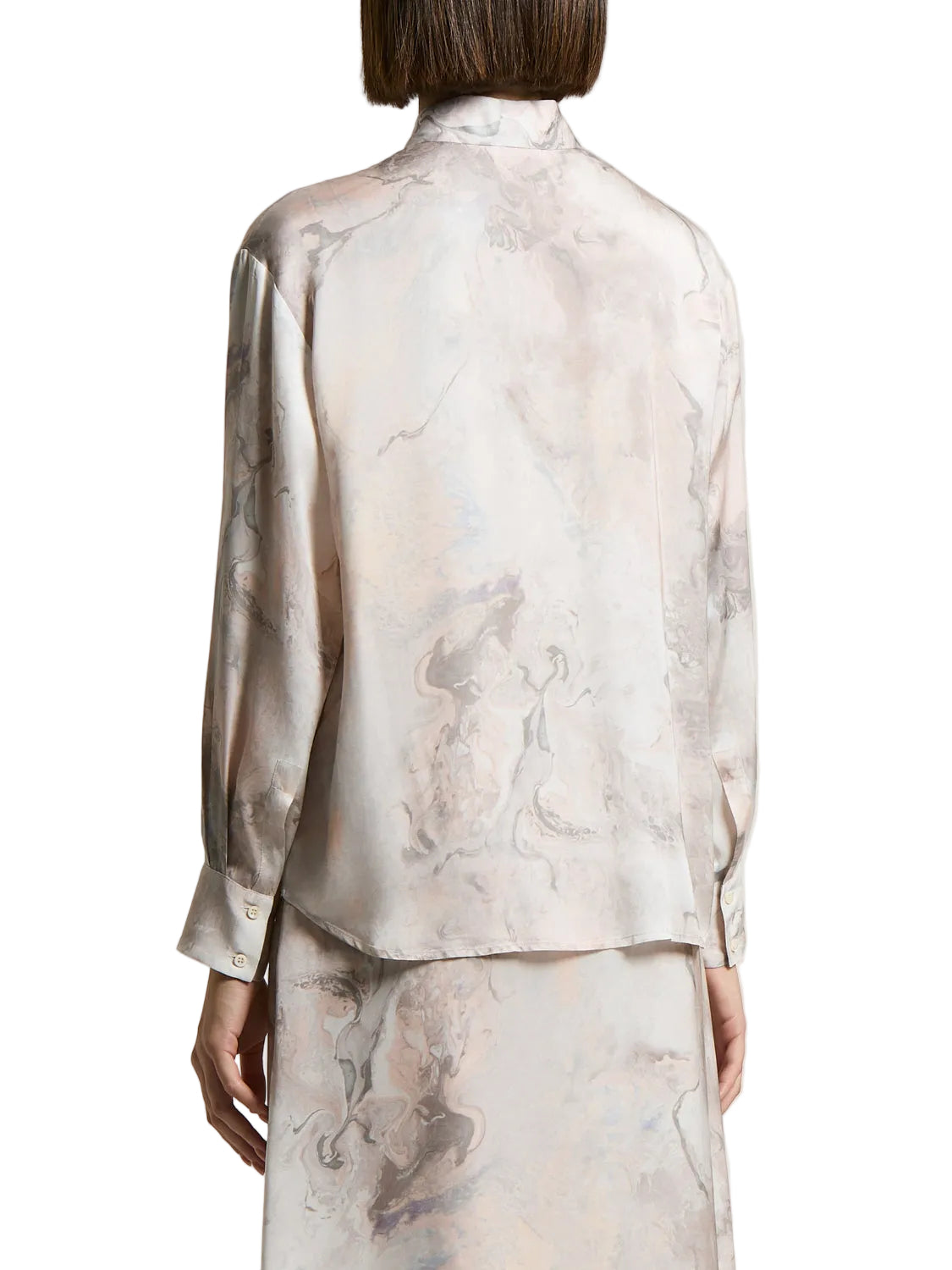 Fluid viscose shirt with a marbled pink, cream, and grey pattern. Features a stand collar and long sleeves with buttoned cuff