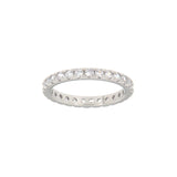 Silver-toned band ring with a continuous row of clear, round-cut zircon stones.