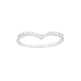 Silver-toned V-shape ring with a row of clear round zircon stones set along the upper band.