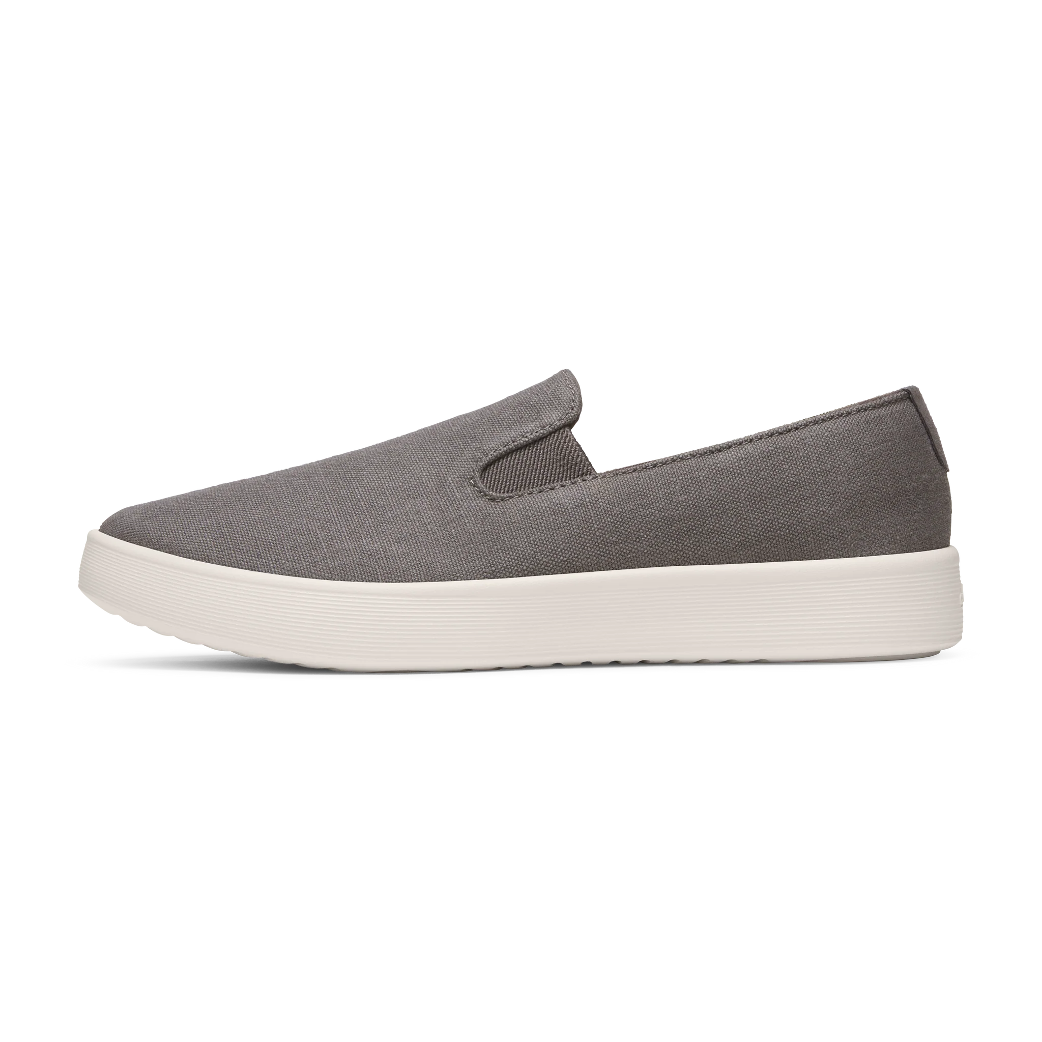 Grey woven textile slip-on shoe with a rounded toe and a thick, off-white flat sole.