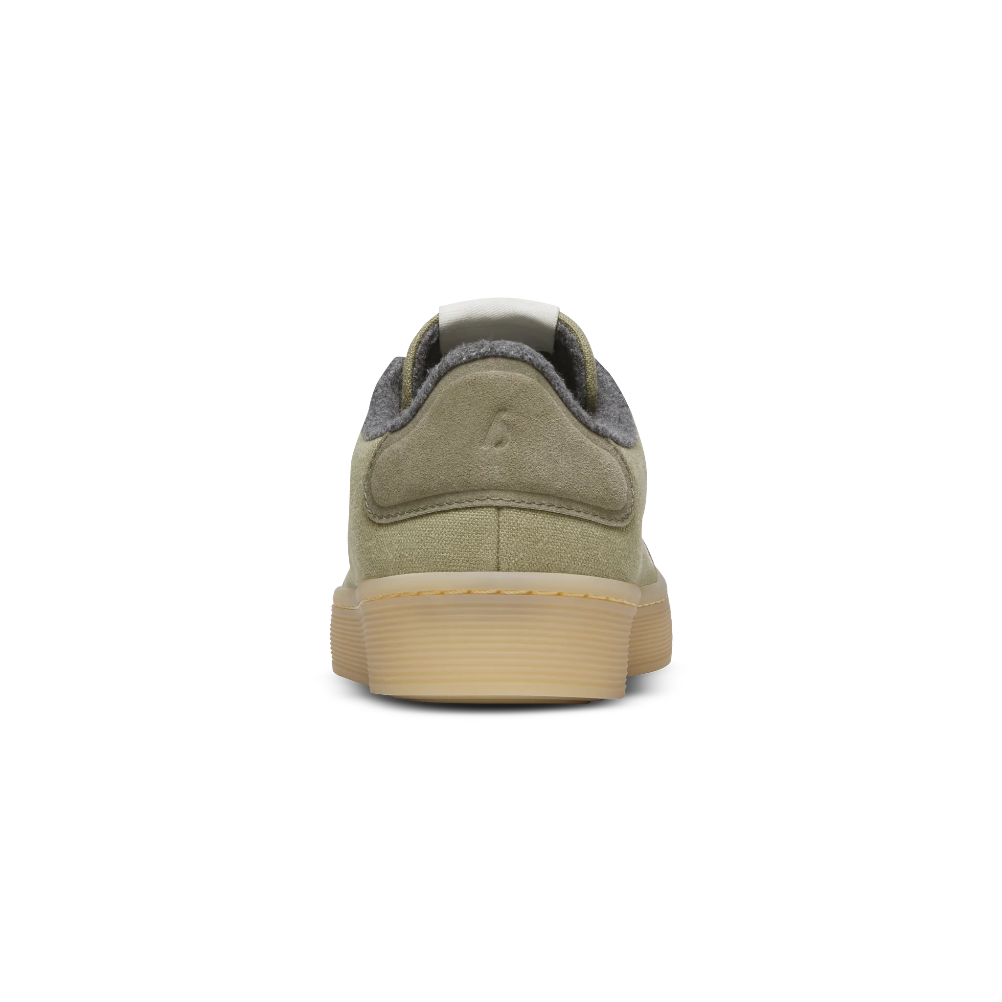 Back view of an olive green canvas sneaker with a suede heel counter featuring an embossed logo. It has a grey lining and a t