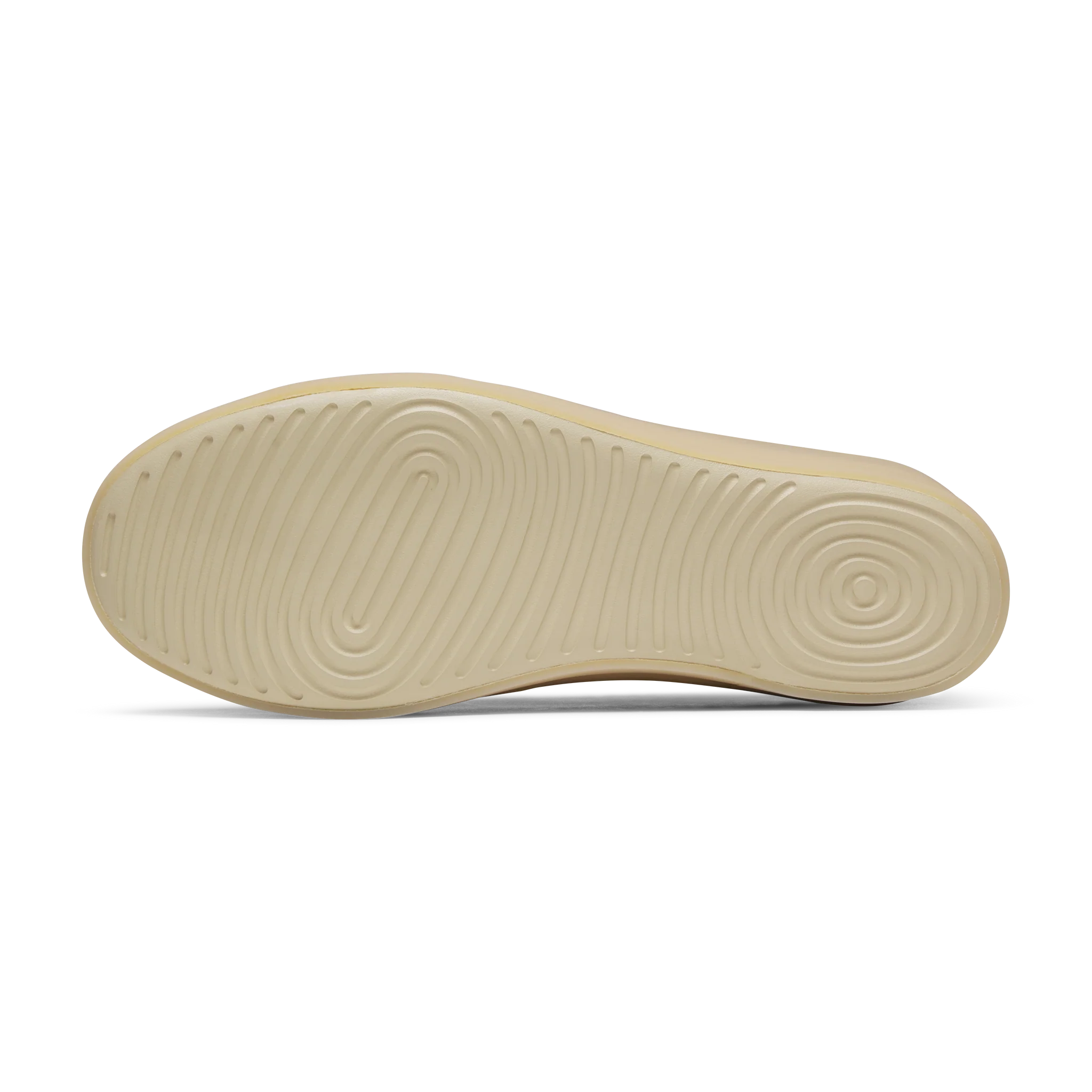 Light beige shoe sole featuring a textured pattern of concentric ovals at the front and circles at the heel.