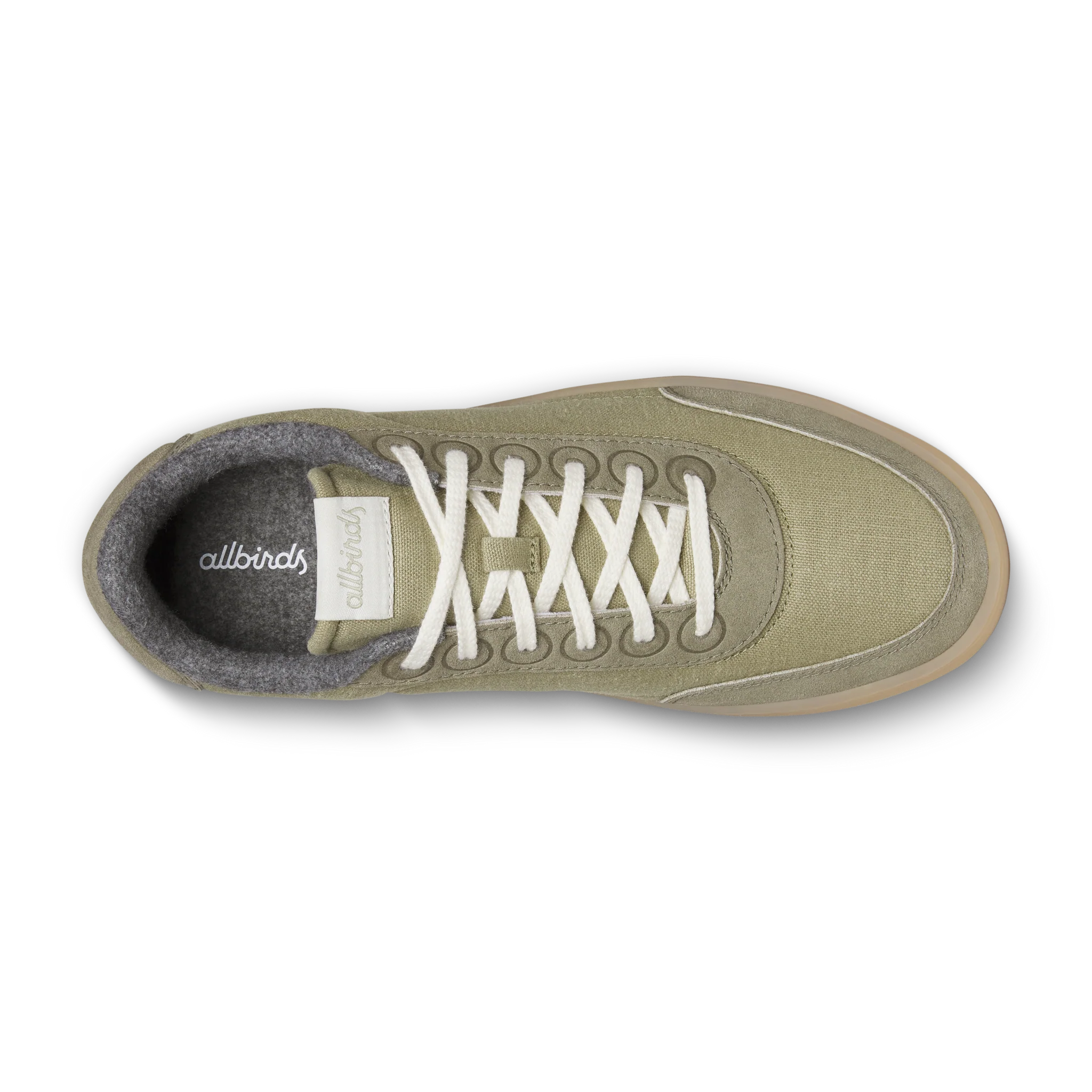 Green canvas and suede sneaker with white laces, a grey felt lining, and a light brown rubber sole. 'allbirds' logo on tongue