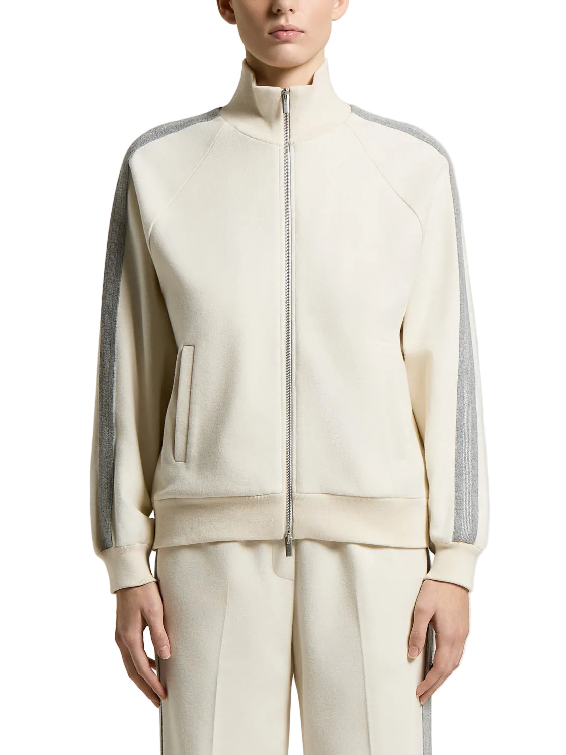 Beige full-zip sweatshirt with a stand-up collar, raglan sleeves featuring grey textured stripes, ribbed cuffs and hem.