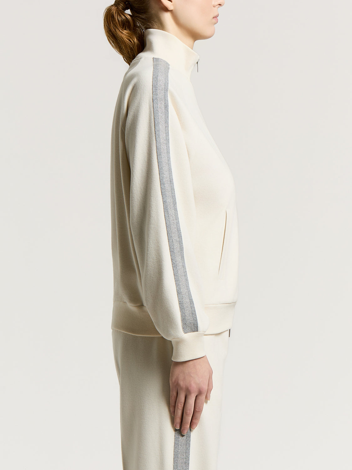 Star Dust Beige high-neck sweatshirt with a silver-toned full-zip, ribbed cuffs and hem, and a grey knit stripe on the right