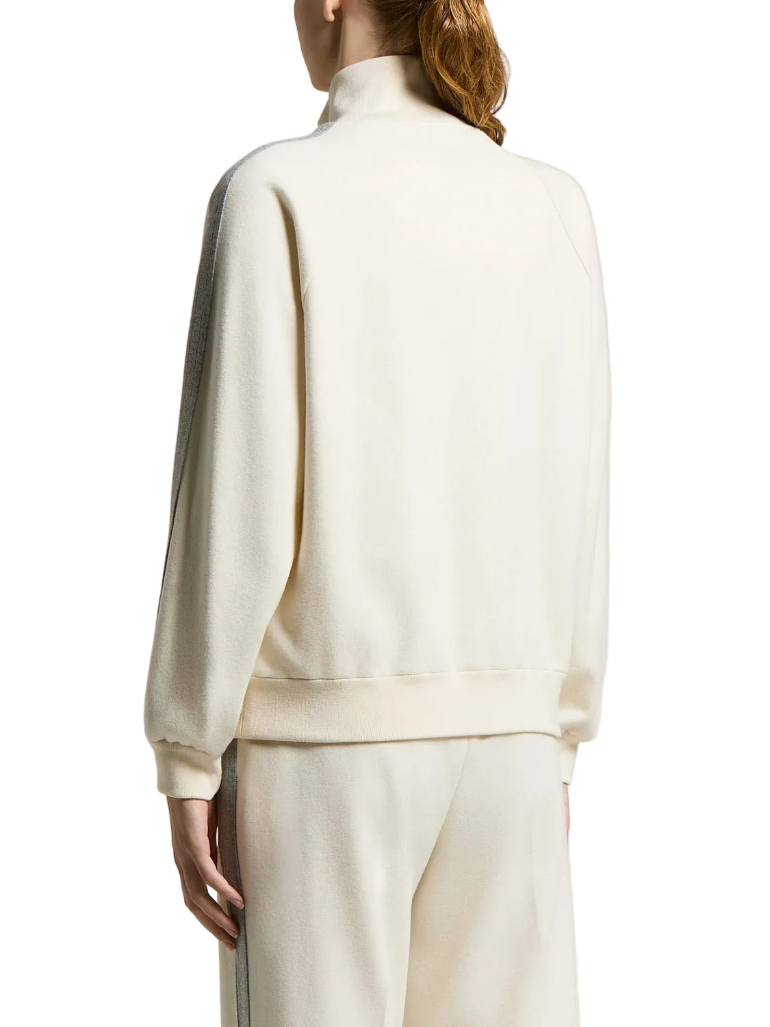 Star Dust Beige mock-neck sweatshirt with ribbed cuffs and hem, featuring a greyish textured stripe down the left sleeve.