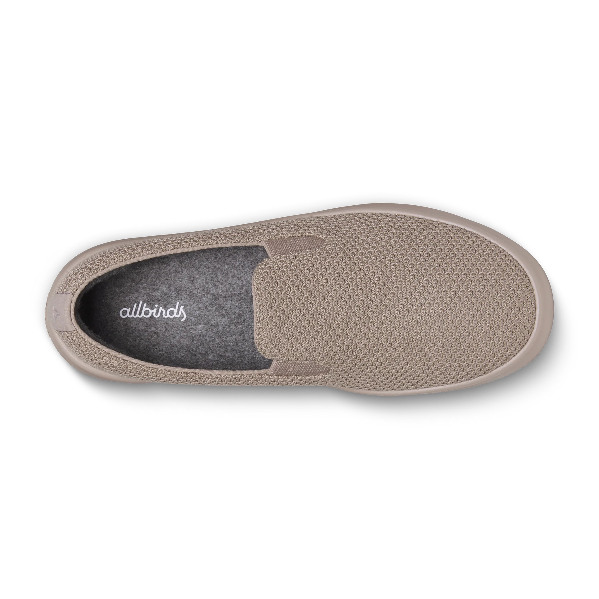 Brown slip-on shoe with a knitted mesh upper, matching brown sole, and a grey insole featuring the 'allbirds' logo.