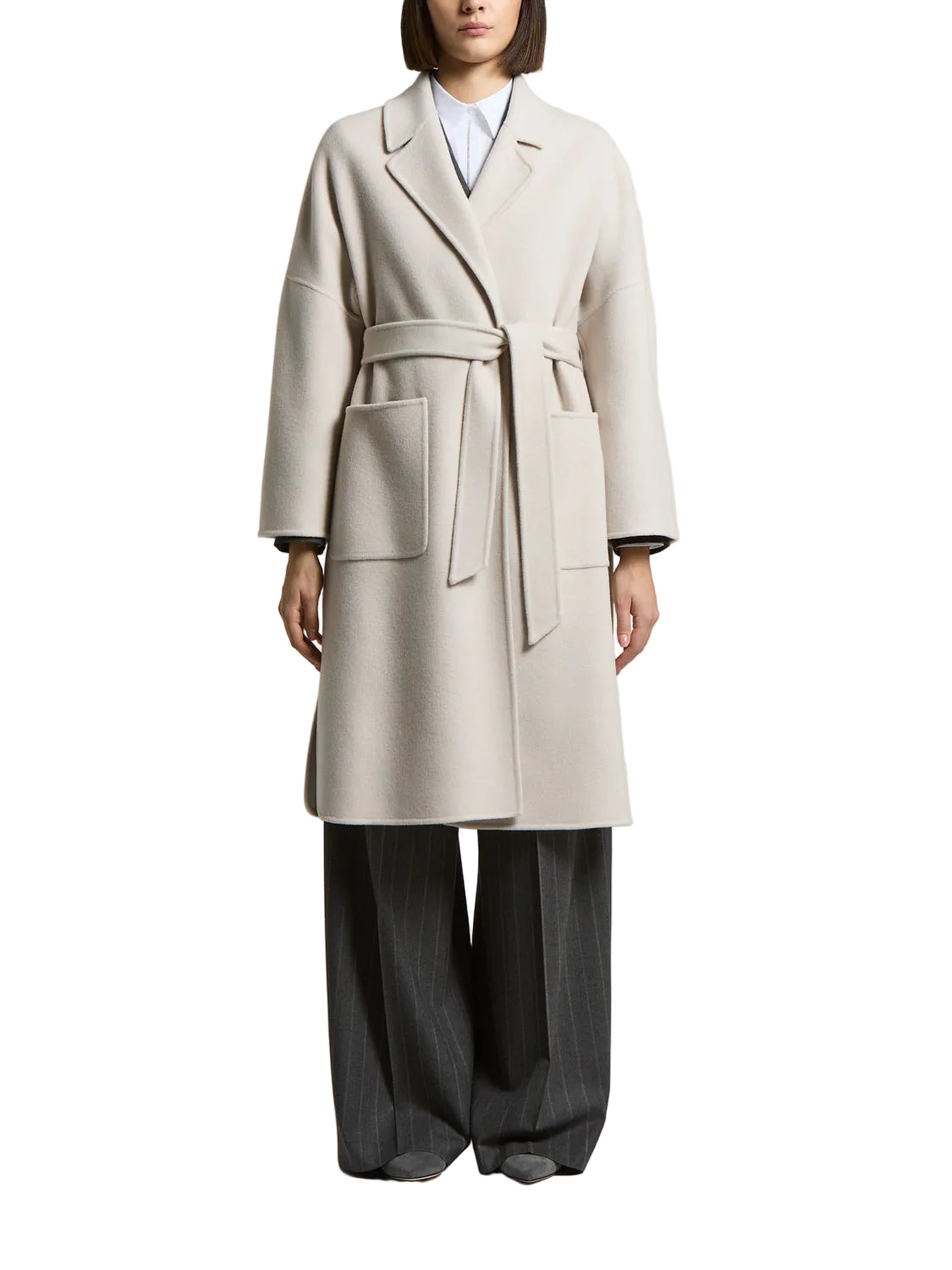 Icy beige relaxed-fit wrap coat with a lapel collar, self-tie belt, and two large front patch pockets.