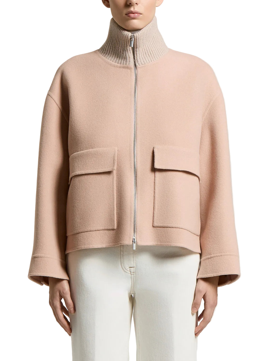 Mars Soil Beige relaxed fit coat with a high ribbed collar, full-zip front, and two large front flap pockets.