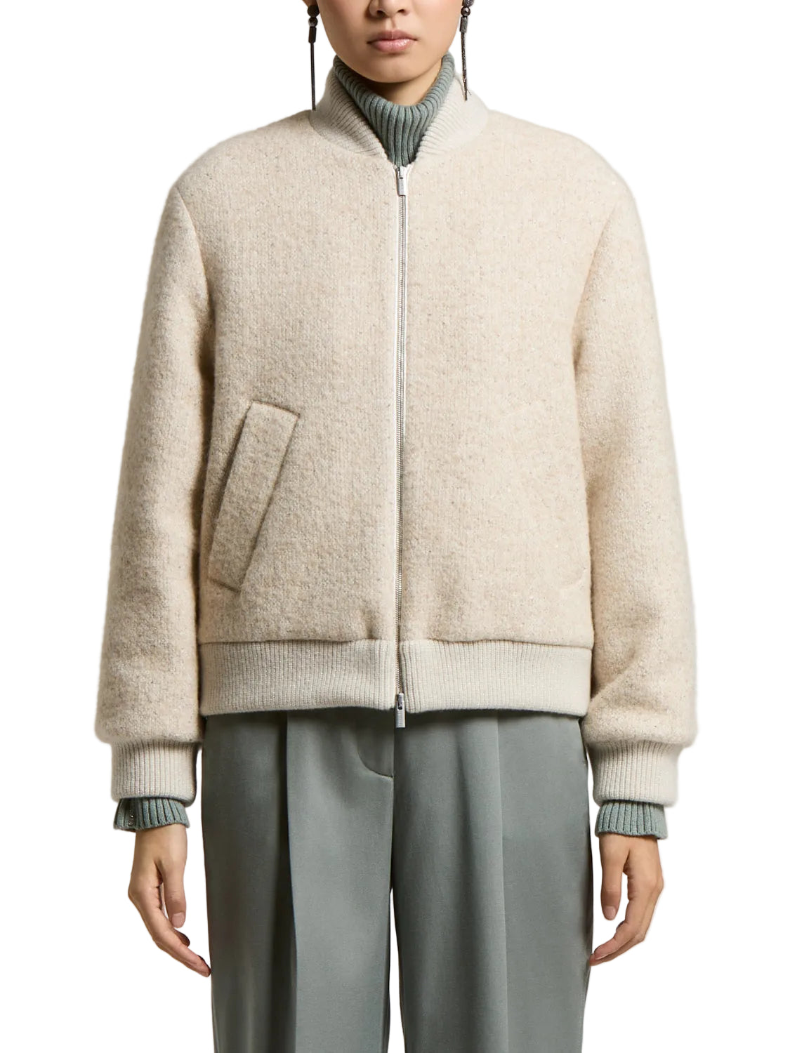Light beige textured knit bomber jacket with a ribbed collar, cuffs, and hem, featuring a silver-toned front zip and side poc