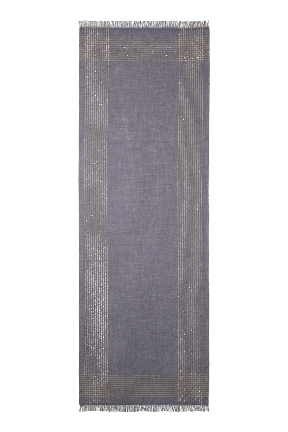 Eclipse grey rectangular scarf with gold-toned vertical and horizontal stripes, sparkling embellishments, and fringed ends.